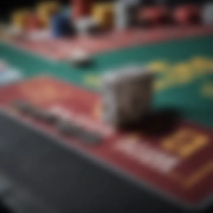 Close-up of colorful chips and cards on a blackjack table.