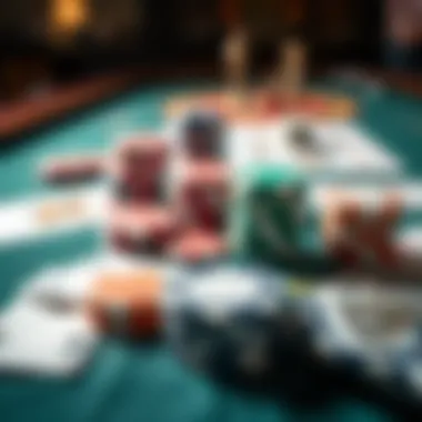 Close-up of casino chips and cards on a table
