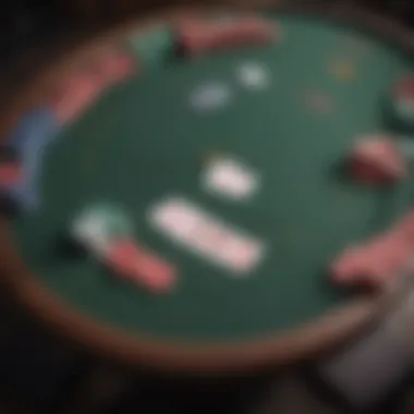 An overview of a five card poker table setup, showcasing the arrangement of cards and chips.