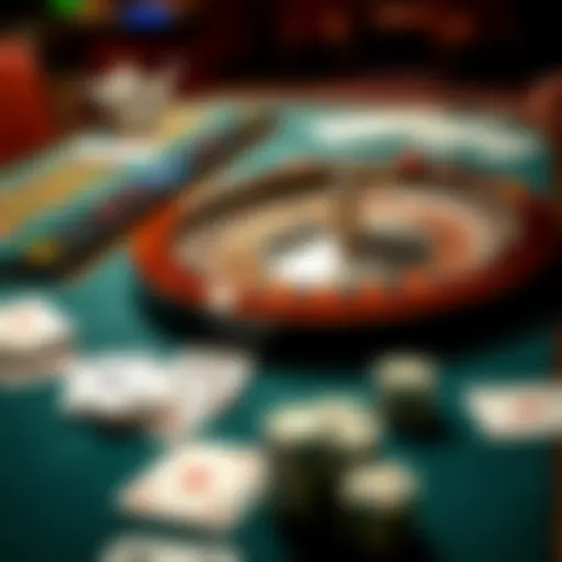 A vibrant casino table showcasing roulette and cards