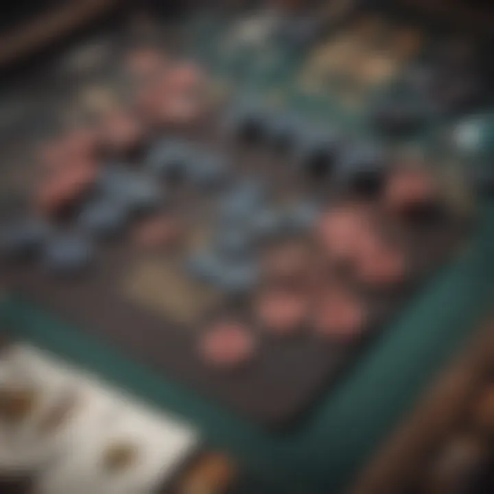 A close-up of gaming chips and cards laid out on a table during a tournament