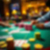 A vibrant tin patti card game setup with colorful chips and cards