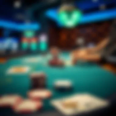 Close-up of a poker table with chips and cards