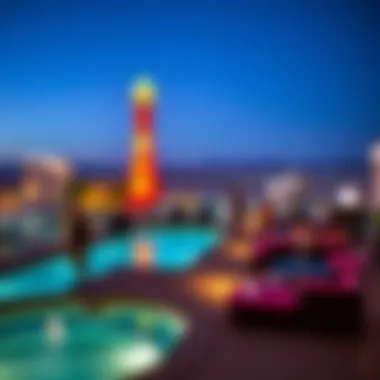 A vibrant rooftop pool area with stunning city views