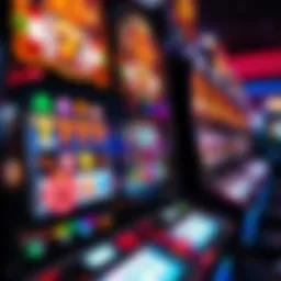 A close-up view of a modern slot machine displaying vibrant graphics and colorful symbols