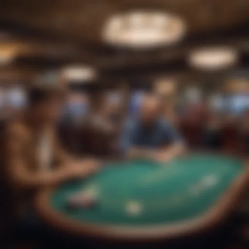 A panoramic view of a vibrant poker room in Reno, showcasing players at various tables engaged in intense gameplay.