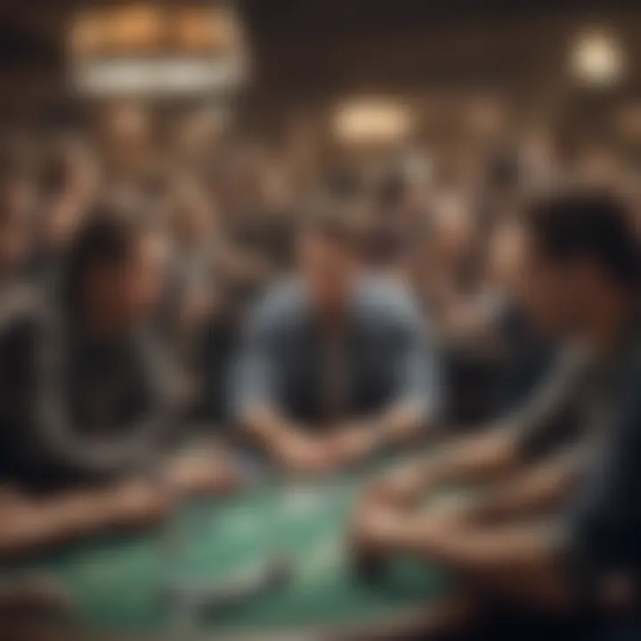 An enthusiastic crowd gathered around a poker tournament, capturing the competitive spirit and excitement of the event.