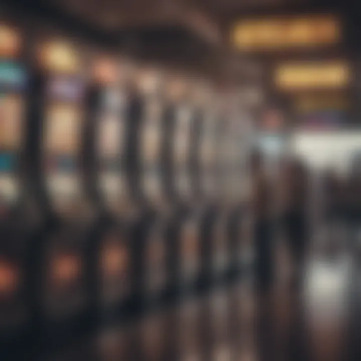 Travelers engaging with slot machines in a bustling airport setting