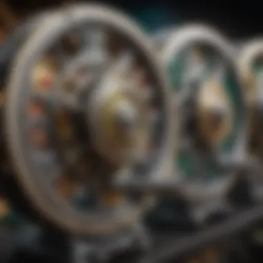 Intricate Designs of the Spinning Reels Close-up of spinning reels showcasing the intricate designs and color palette.