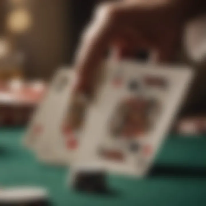 Close-up of five card poker hand with chip arrangement