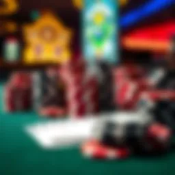 A close-up of poker chips and cards arranged on a table