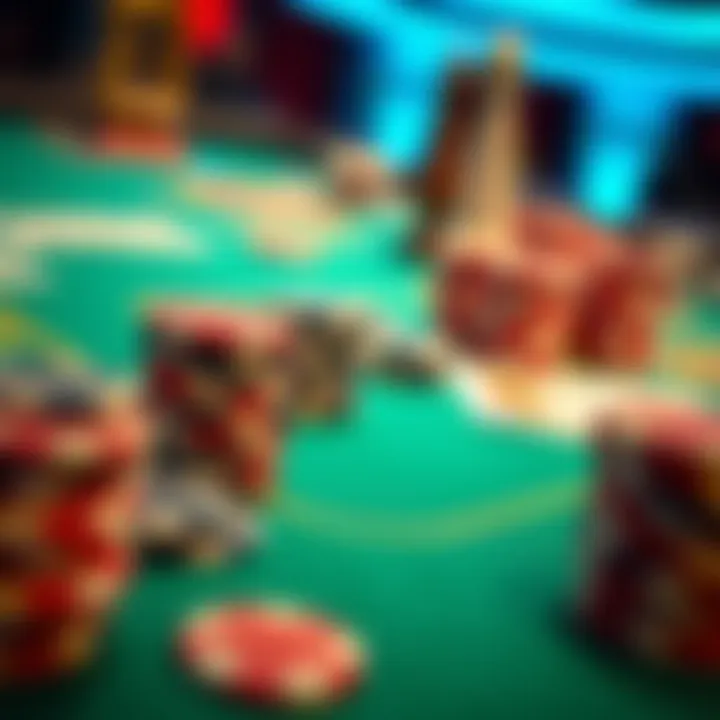 Close-up of poker chips and cards on a gaming table