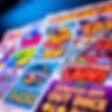 A close-up view of various NC scratch-off ticket designs showcasing vibrant graphics and themes.