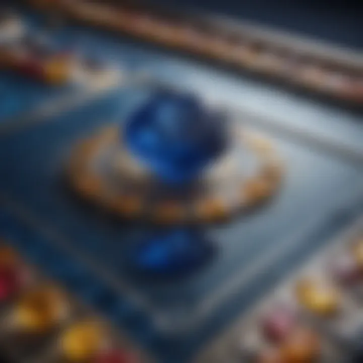 A vibrant sapphire gemstone surrounded by glimmering chips on a gaming table