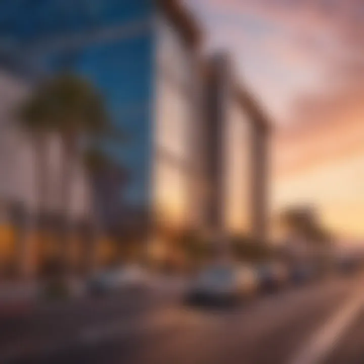 Iconic exterior of a newly opened luxury hotel in Las Vegas at sunset.