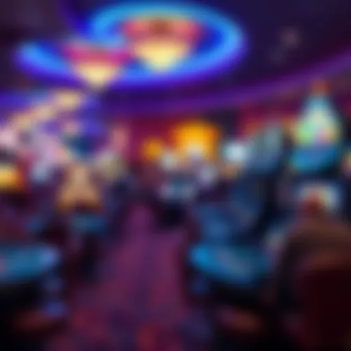 A vibrant casino scene showcasing various gaming tables